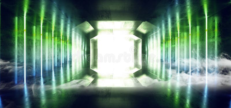 Smoke Retro Modern Futuristic Blue Green Sci Fi Vibrant Neon Light Shapes Laser Beams Grunge Concrete Reflective Tunnel Corridor royalty free illustration