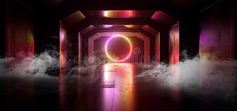 Smoke Sci Fi Future Neon Purple Red Orange Glowing Circle Shape Empty Dark Spaceship Tunnel Underground Vibrant Lasers Shape stock illustration