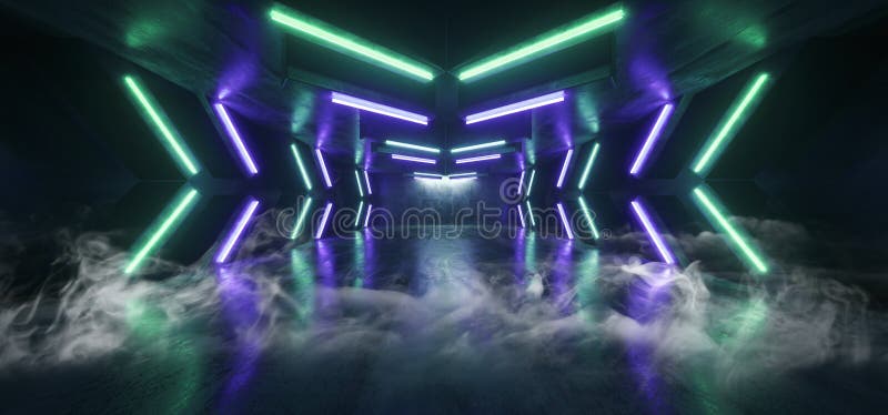 Smoke Sci Fi Futuristic Arrow Shaped Neon Lights Glowing Vibrant Blue Green Corridor Grunge Concrete Dark Reflective Virtual royalty free illustration