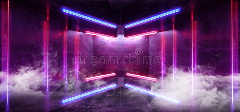 Smoke Sci Fi Futuristic Arrow Shaped Neon Lights Glowing Vibrant Blue Purple Corridor Grunge Concrete Dark Reflective Virtual stock illustration