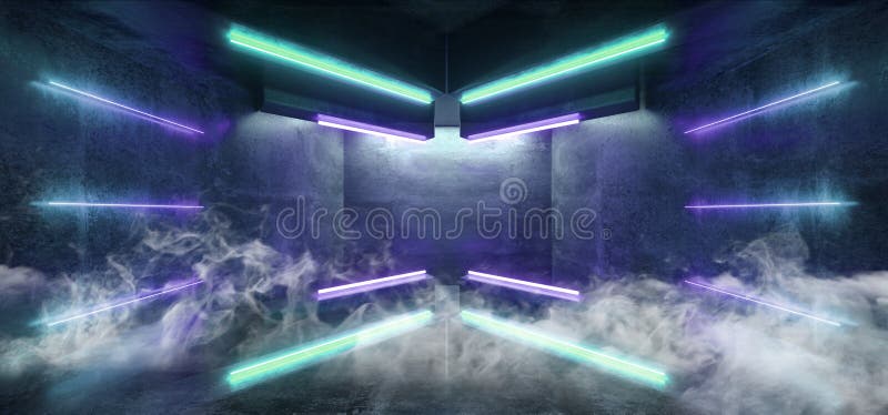 Smoke Sci Fi Futuristic Arrow Shaped Neon Lights Glowing Vibrant Blue Purple Corridor Grunge Concrete Dark Reflective Virtual stock illustration