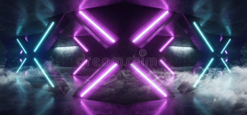 Smoke Sci Fi Futuristic Arrow Shaped Neon Lights Glowing Vibrant Blue Purple Corridor Grunge Concrete Dark Reflective Virtual royalty free illustration