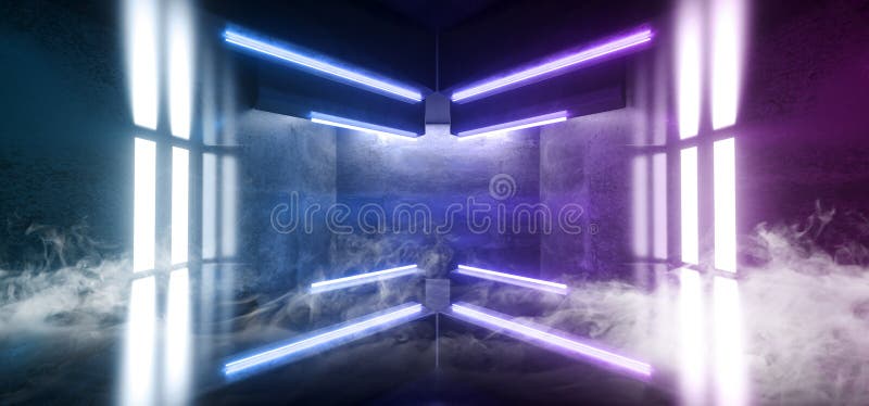 Smoke Sci Fi Futuristic Arrow Shaped Neon Lights Glowing Vibrant Blue Purple Corridor Grunge Concrete Dark Reflective Virtual vector illustration