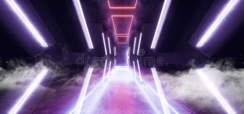 Smoke Sci Fi Futuristic Arrow Shaped Neon Lights Glowing Vibrant Blue Purple Corridor Grunge Concrete Dark Reflective Virtual royalty free illustration