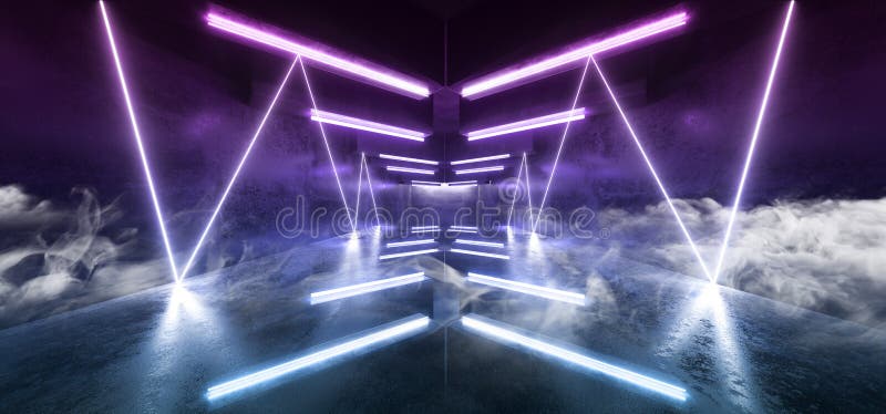 Smoke Sci Fi Futuristic Arrow Shaped Neon Lights Glowing Vibrant Blue Purple Corridor Grunge Concrete Dark Reflective Virtual royalty free illustration