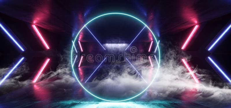 Smoke Sci Fi Futuristic Arrow Shaped Neon Lights Glowing Vibrant Blue Purple Corridor Grunge Concrete Dark Reflective Virtual royalty free illustration