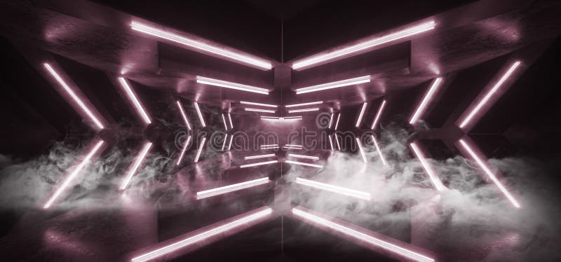 Smoke Sci Fi Futuristic Arrow Shaped Neon Lights Glowing Vibrant Purple Corridor Grunge Concrete Dark Reflective Virtual Podium vector illustration