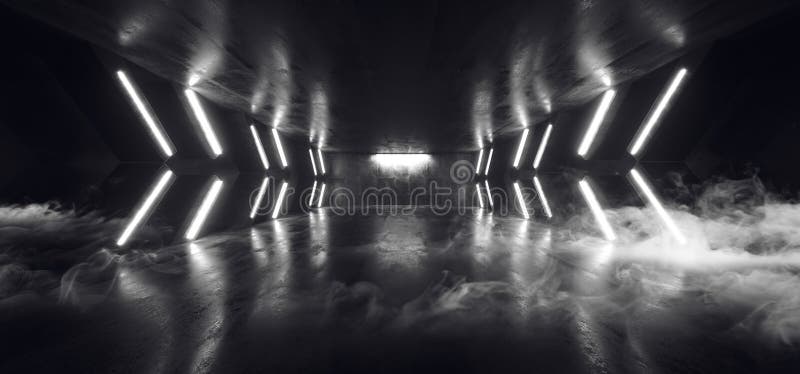 Smoke Sci Fi Futuristic Arrow Shaped Neon Lights Glowing White Corridor Grunge Concrete Dark Reflective Virtual Podium Garage vector illustration