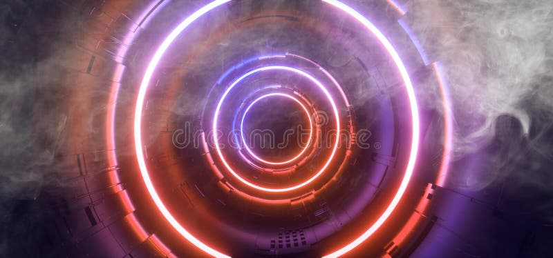 Smoke Stage Neon Glowing Alien Spaceship Futuristic Sci Fi Construction Purple Orange Blue Glowing Laser Beams Fluorescent Vibrant