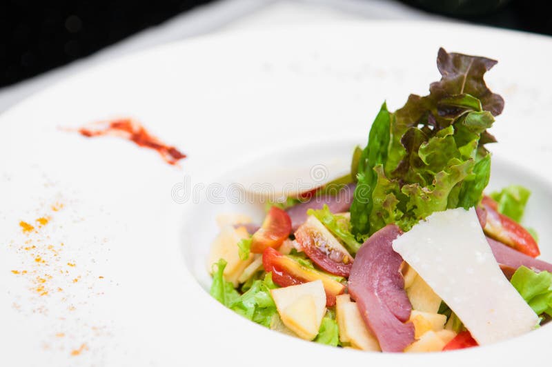 Smoked duck breast salad with parmesan cheese royalty free stock photos Smoked duck breast salad with parmesan cheese royalty free stock photos