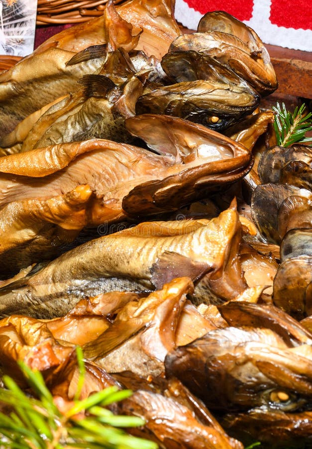 Smoked Fish Display at the Market for Sale Stock Photo Image of baked