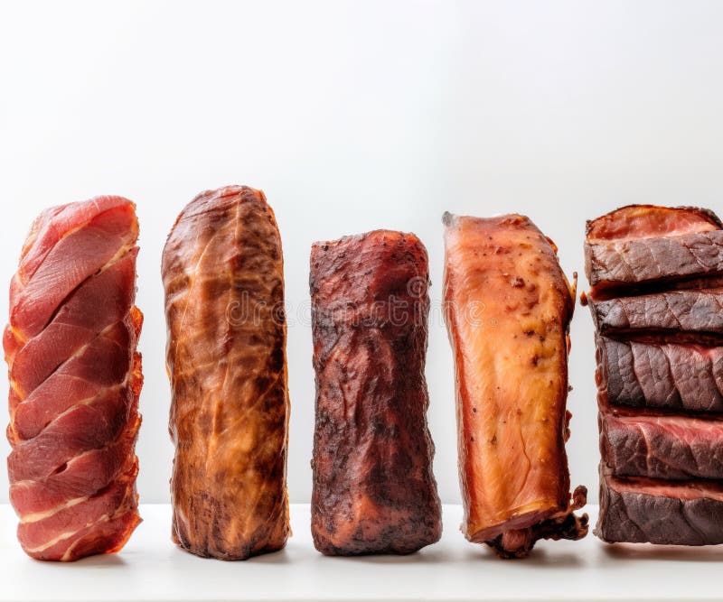 Smoked Fresh Meat, Different Varieties in a Row. White Background
