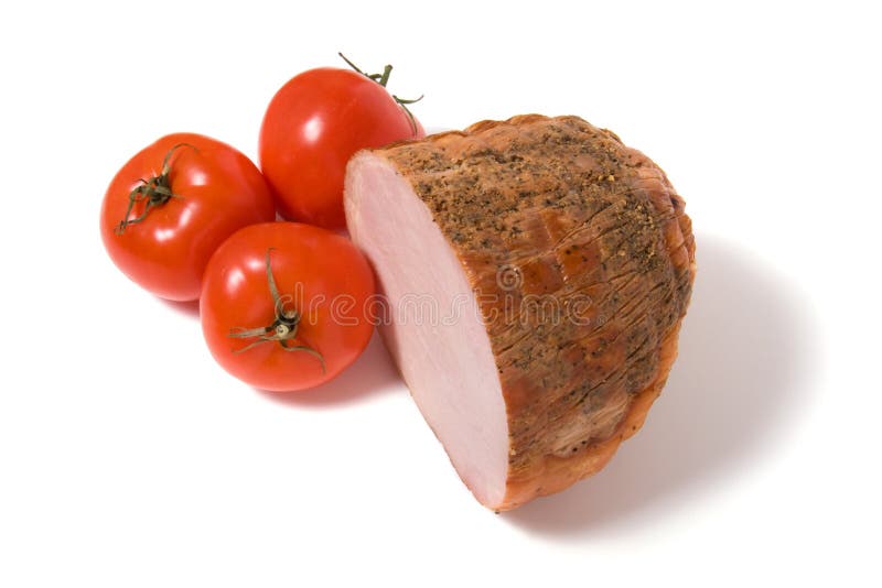 Smoked ham and tomato isolated on white