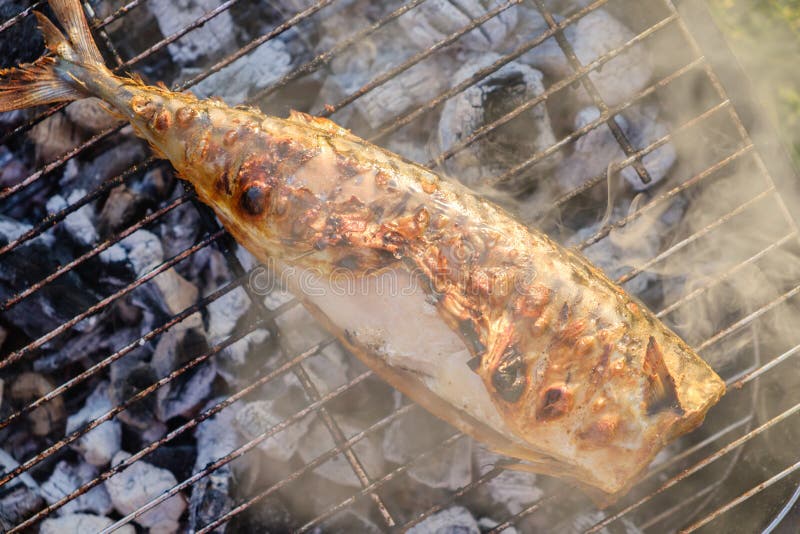 Smoked Mackerel Fish on a Grilling Pan, with Spices on Coal Fire Stock
