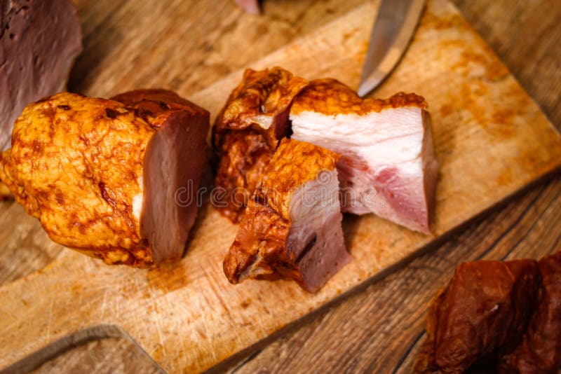 Smoked Meat on Cutting Board Stock Photo Image of rustic, cuisine