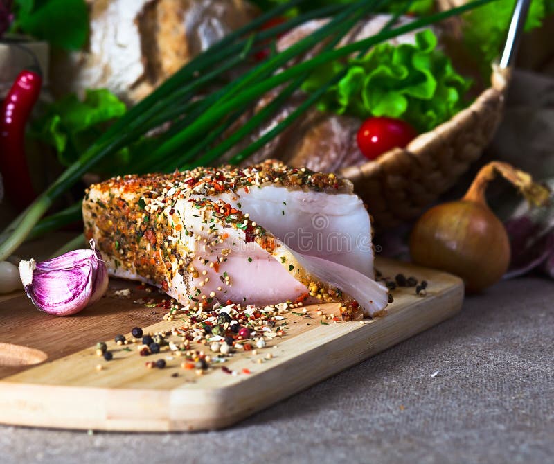 Smoked meat with spices stock image. Image of table, delicatessen