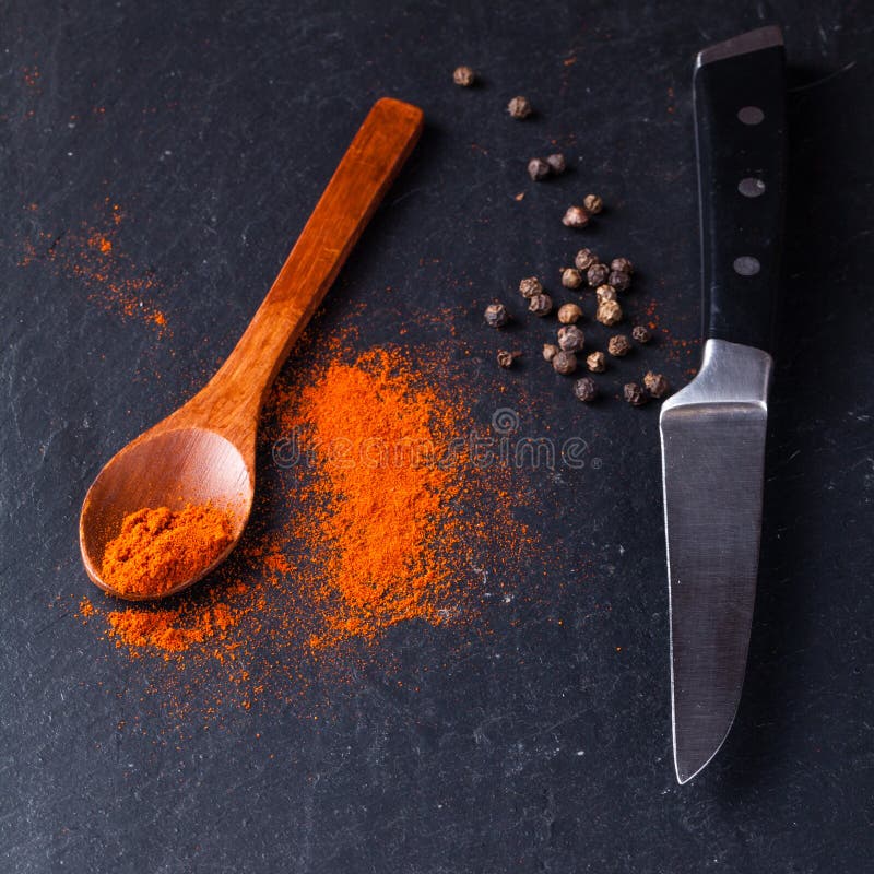 Smoked Paprika, Knife and Black Pepper Stock Image Image of smoked