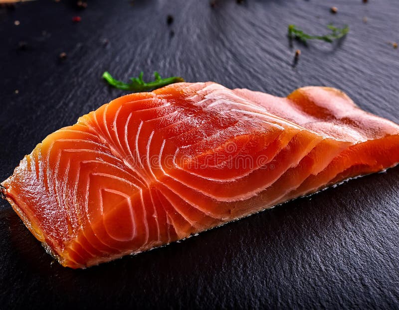 Smoked salmon as closeup on a black slate. vector illustration