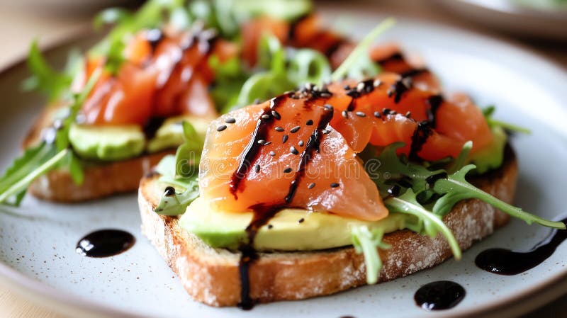 Smoked Salmon and Avocado Toast with Balsamic Glaze royalty free illustration