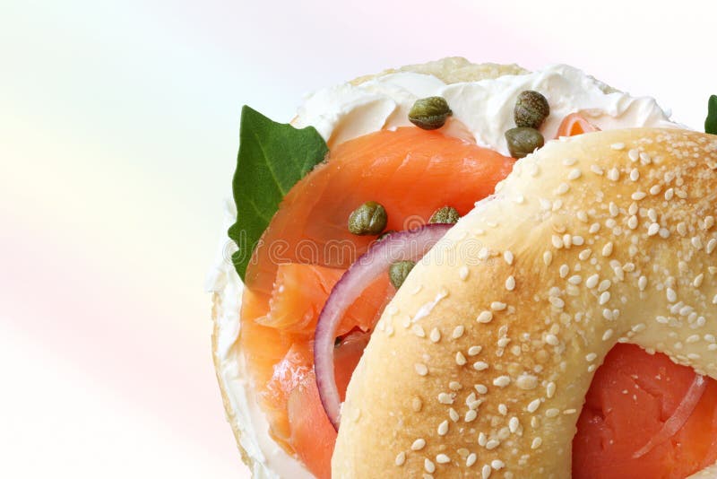 Bagel and lox. Smoked salmon, cream cheese, baby capers, spinach and red onion. Close-up view. Kosher stock images, royalty-free photos and pictures