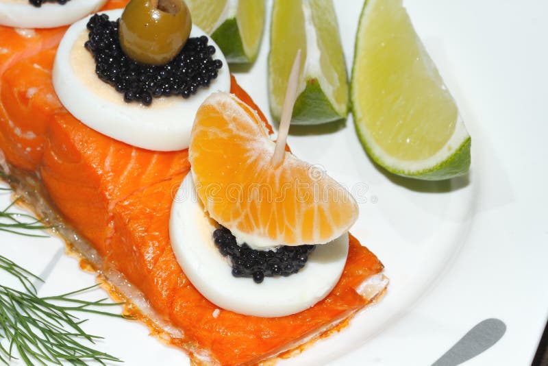 Smoked Salmon, Egg, Caviar, Orange, Olive, Grape Stock Photo Image of