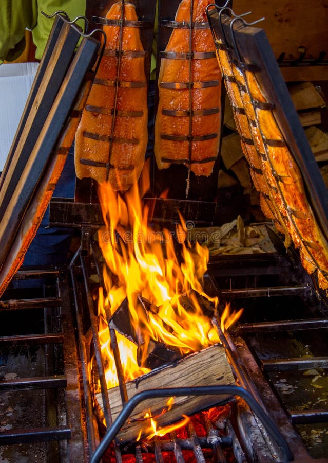 Smoking Salmon on Boards with Fire Stock Photo Image of norway, food