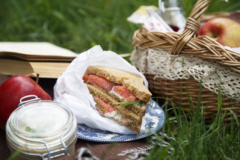 Smoked salmon sandwich for picnic royalty free stock photography Smoked salmon sandwich for picnic royalty free stock photography