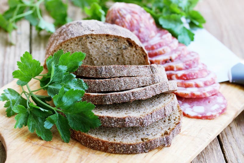 Smoked Sausage with Rye Bread Stock Image Image of green, freshness