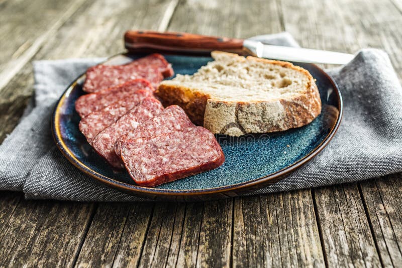 Smoked .sausage. Sliced Salami on Plate Stock Image Image of spice, deli 274266631