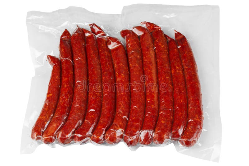 Smoked Sausages Wrapped in Plastic on a White Background. Stock Photo