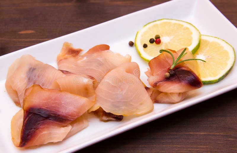 Smoked Swordfish on Tray on Wooden Seen Close Stock Image Image of