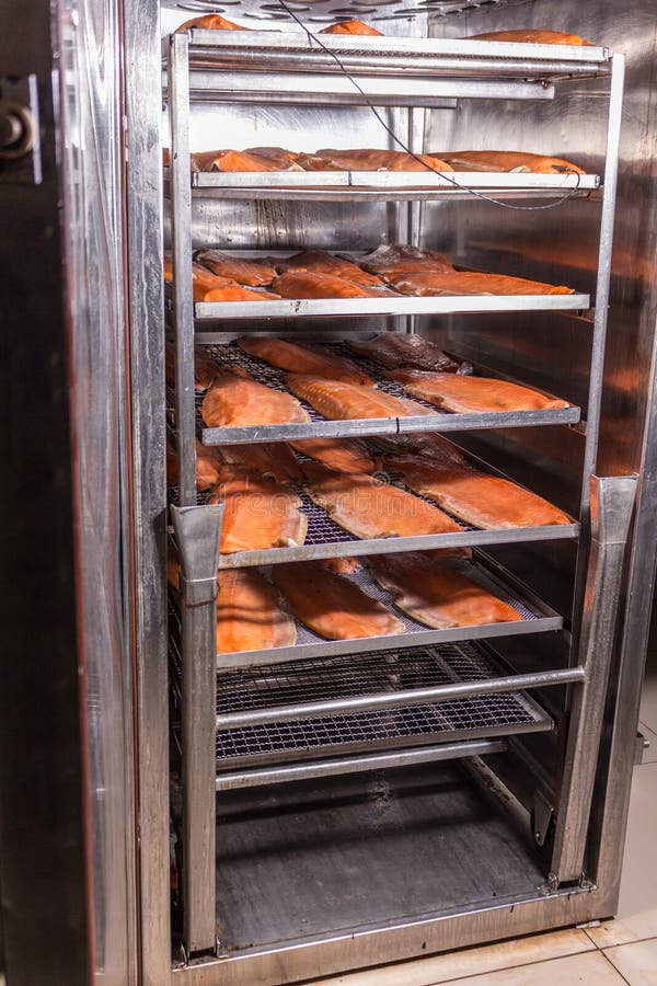 Smoker with fish inside. Cold smoked fish stock image