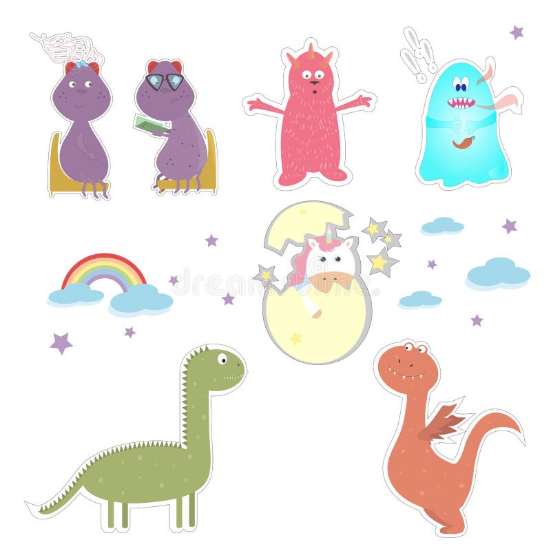 Smoki i naklejki na jednorożce dla dzieci ilustracja wektor