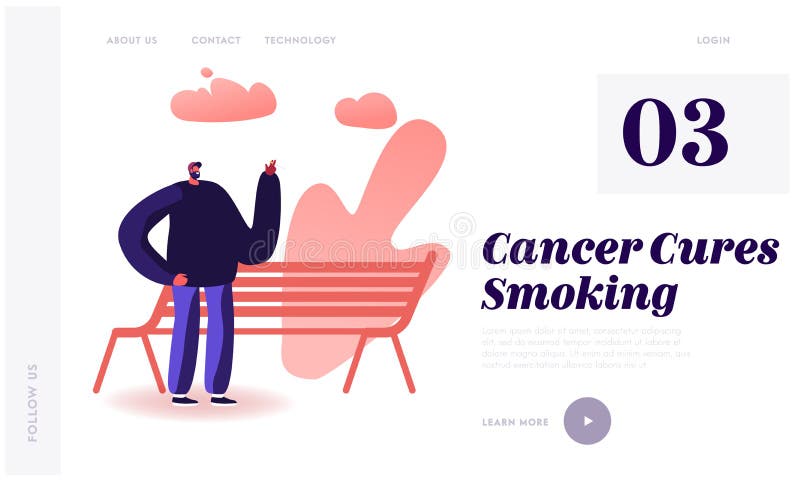 Smoking Addiction Bad Unhealthy Habit Website Landing Page. Male Character Smoking Cigarette near Bench in Park