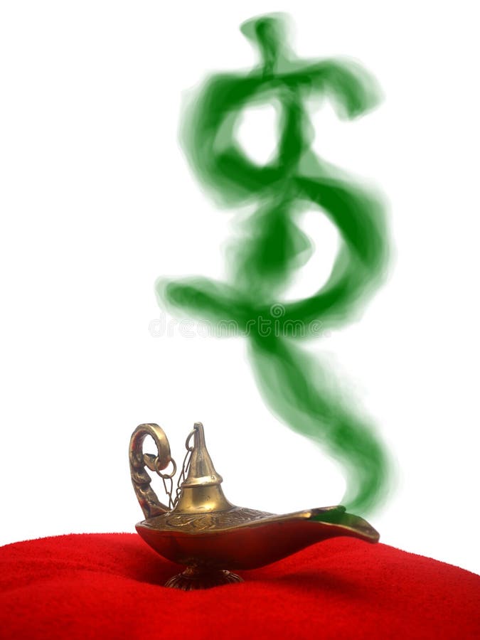 A magical genie lamp with smoke on a red velvet pillow with a money sign smoke. A magical genie lamp with smoke on a red velvet pillow with a money sign smoke.