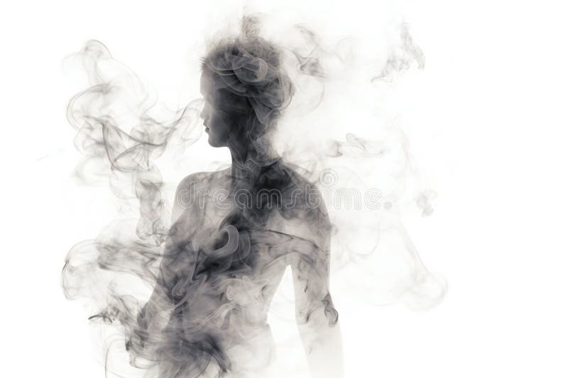 Smoky female woman figure silhouette made of smoke on white background