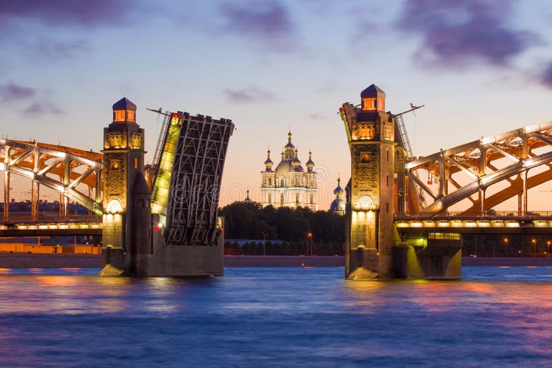 Smolny Cathedral in the cross section of the divorced Peter the Great Bridge, Saint-Petersburg royalty free stock photo Smolny Cathedral in the cross section of the divorced Peter the Great Bridge, Saint-Petersburg royalty free stock photo
