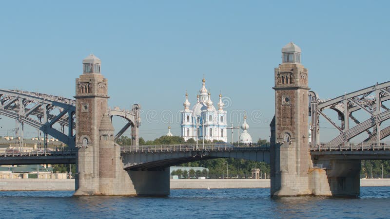Smolny cathedral and Peter the Great Bridge in the summer - St Petersburg, Russia