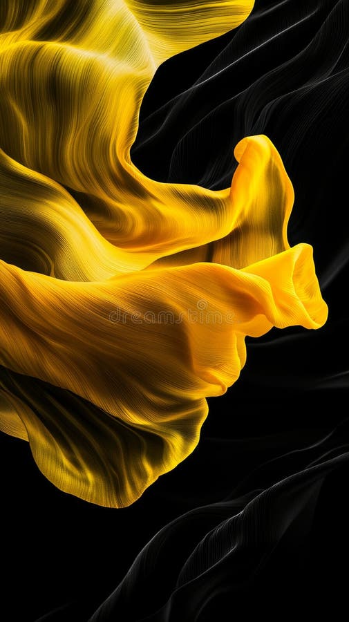 Smooth, elegant folds of golden and black fabric create a dynamic, abstract composition, swirling and intertwining stock illustration