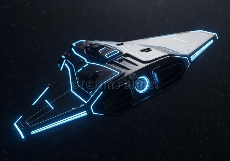 Sleek, futuristic spacecraft gliding through space with a triangular design. The ship features illuminated blue outlines and a central circular light at the rear, denoting propulsion. The surface comprises smooth, metallic panels defined by linear grooves and subtle detailing. Positioned against a backdrop of distant stars, it conveys themes of advanced technology and interstellar travel. Smooth grooves illustrations