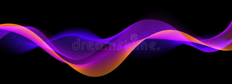 Smooth neon sound wave on black background. Abstract flowing wavy lines design for ai concept, eq equalizer, audio stock illustration