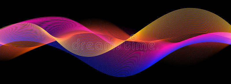 Smooth neon sound wave on black background. Abstract flowing wavy lines design for ai concept, eq equalizer, audio royalty free illustration