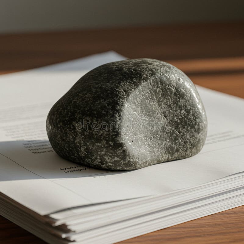 A smooth, rounded gray stone sits on top of a stack of white papers placed on a vector illustration