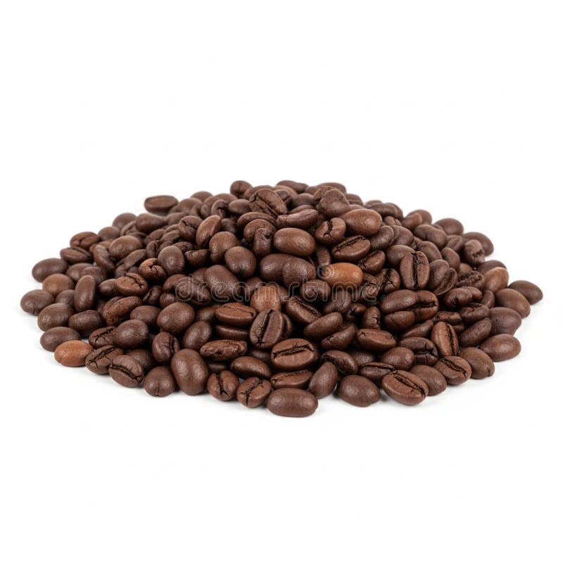 A mound of roasted coffee beans (Coffea arabica) displayed on a white background. The beans are shiny and dark brown, indicating a medium to dark roast. Their surfaces are smooth with visible grooves on some, indicating where they split during roasting. The arrangement forms a small, rounded pile, highlighting the uniformity and glossy texture of the beans. Smooth grooves illustrations