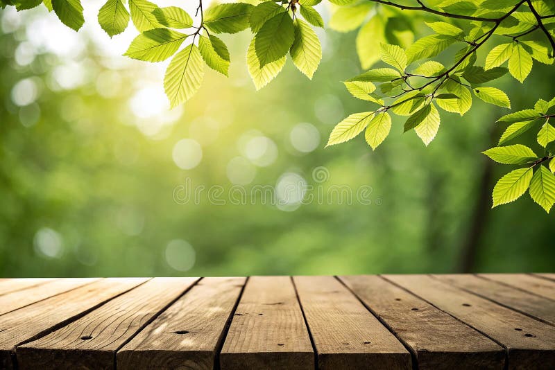 Close up top wooden table with sunny abstract green nature background, blurred bokeh stock illustration