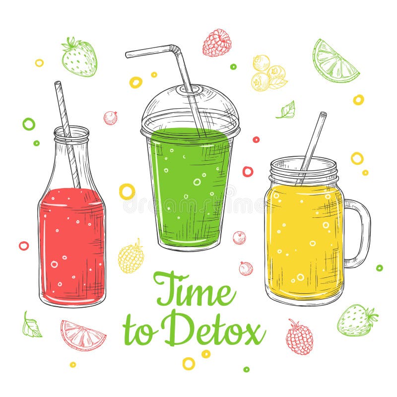 Smoothie background. Summer drink, doodle healthy juices. Fresh fruit diet. Isolated detox breakfast illustration