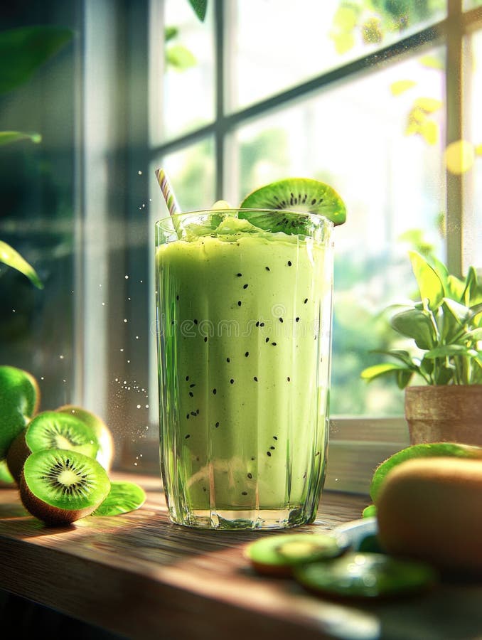 Smoothie Kiwi vert avec paille images stock