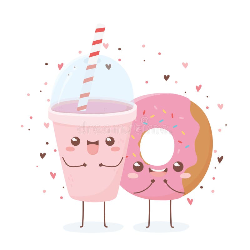 Smoothie and Sweet Donut Kawaii Food Cartoon Character Design Stock ...