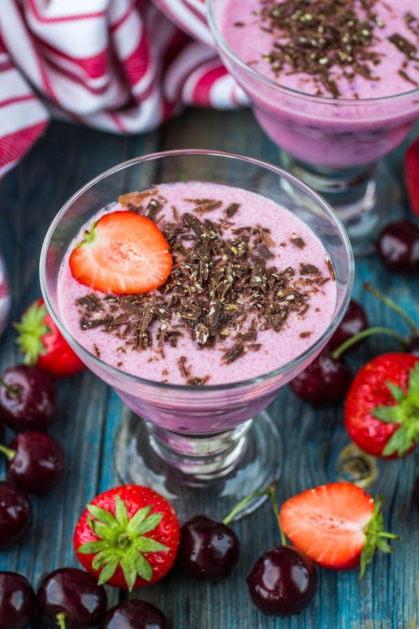 Smoothies. Milk Dessert with Cherries, Strawberries and Chocolate Stock Image Image of tasty
