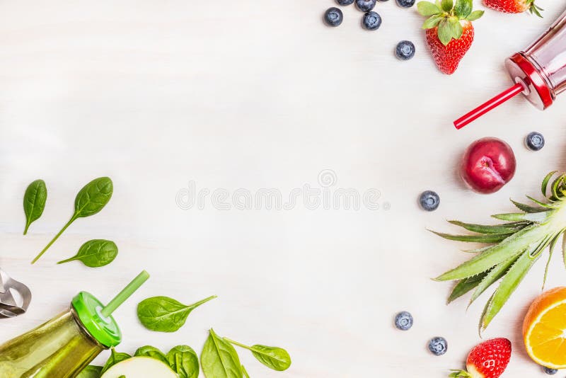 Smoothies and fresh ingredients on white wooden background, top view. Health or detox diet food concept. Smoothies and fresh ingredients on white wooden background, top view. Health or detox diet food concept.